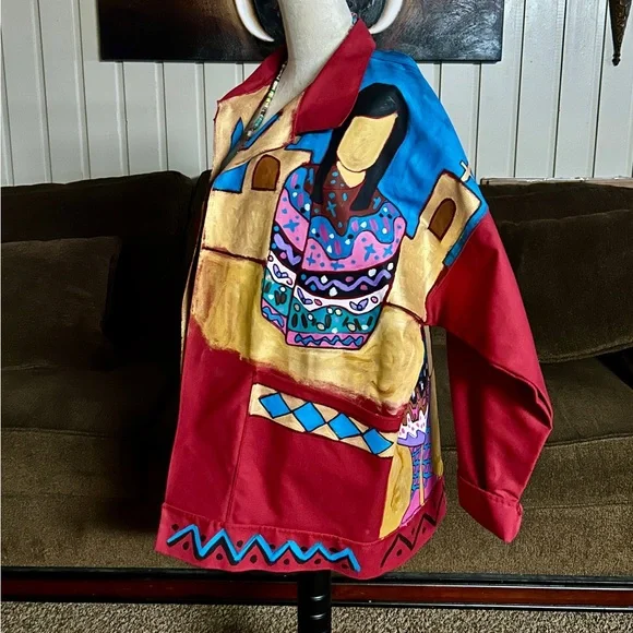 Jo Dufo ~1989 ~Hand-Painted Red/Multi-Colors Native American Indian Large Jacket